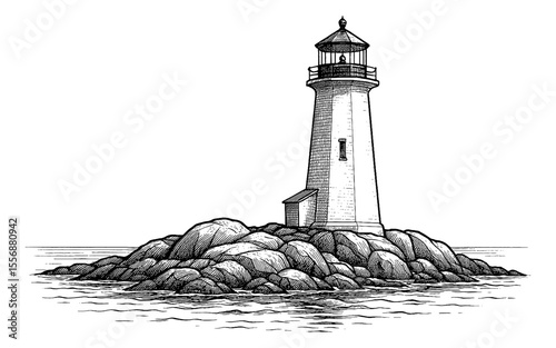 Lighthouse on Rocky Island with Water in Engraved Style Black and White Illustration