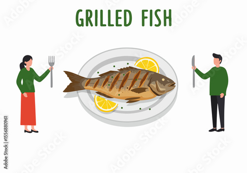 Illustration of a grilled fish on a plate with lemon slices, flanked by a man and woman ready to eat.