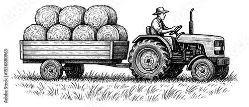 Engraved farmer driving tractor hauling hay bales in rural countryside monochrome line art