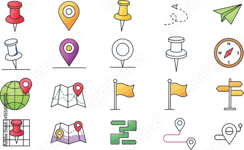 Illustration of various map and location icons on a gradient background