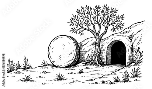 Illustration of Empty Tomb with Rolled Away Stone and Tree in Black and White Line Art