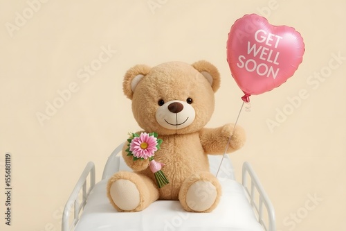 Teddy bear in hospital bed holding get well balloon