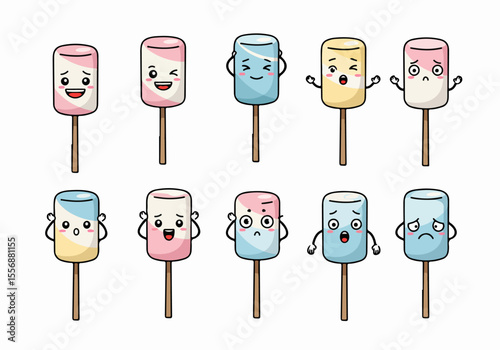 Set of Cute Cartoon Marshmallow Characters on Sticks with Various Emotions on White Background