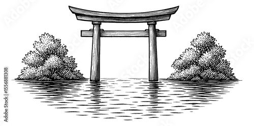 Illustration of Torii Gate with Water Reflection and Trees in Black and White Detailed Line Art