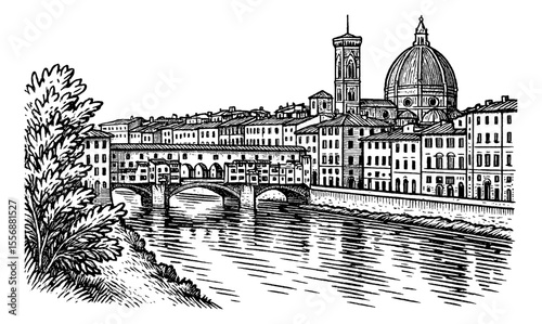 Florence cityscape engraving with the Ponte Vecchio bridge and the Duomo cathedral