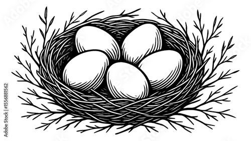 Nest with Eggs Illustration in Black and White Detailed Hand Drawn Woodcut Style