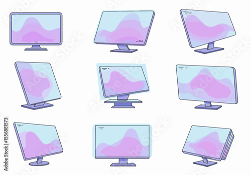 Collection of stylized computer monitors from various angles with abstract purple and blue screen displays, perfect for technology illustrations and design projects.