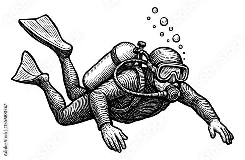 Detailed Black and White Engraving of Scuba Diver with Tank Underwater Swimming with Bubbles