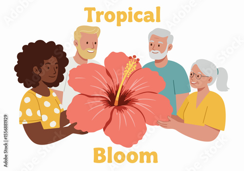 Diverse group of people of mixed ages holding a large vibrant tropical hibiscus flower, symbolizing community, care, and nature's beauty.