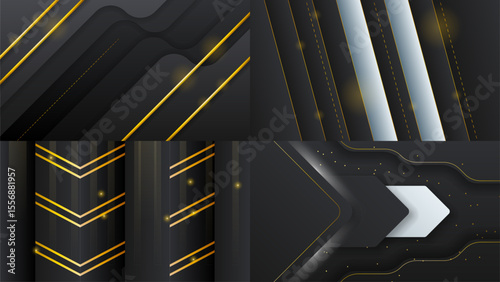 Set Abstract Collection Dark Black Gold Material Modern Background With Golden Lines Stripes Shadows Backdrop Wallpaper Decoration Vector Design Style