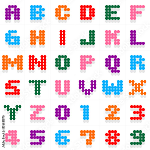 Colorful dot alphabet and numbers in fun bubble style. Vector letters A to Z and digits 0 to 9 made of bright round circles. Cute modern typeface for kids, posters, games, or education.