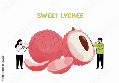 Illustration of small people peeling and eating large sweet lychee fruits, symbolizing enjoyment and the delicious taste of this tropical fruit.
