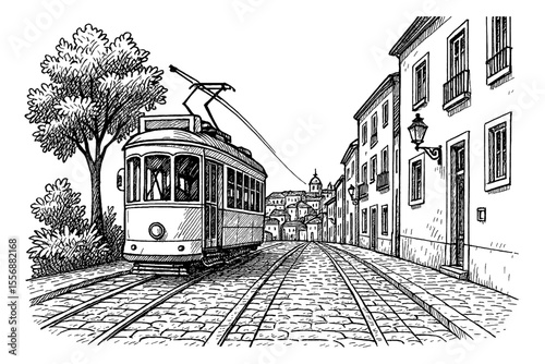 Vintage Tram on Cobblestone Street with Buildings in Detailed Black and White Illustration