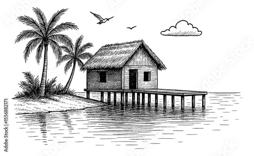Ink Drawing of a Thatched Hut on Stilts by the Sea with Palm Trees and Bird