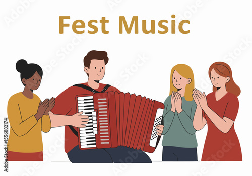 Illustration of Diverse People Enjoying Accordion Music at a Festival