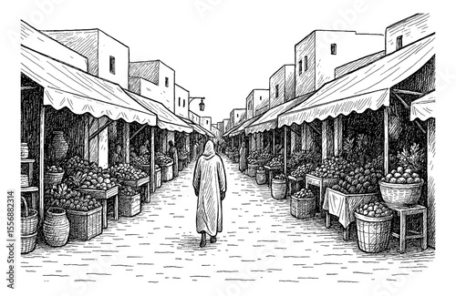 Market scene with a person in robe walking through a narrow street in black and white engraving