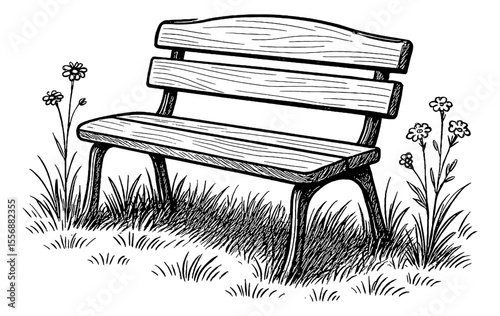 Hand Drawn Bench with Flowers and Grass Illustration in Black and White Outline