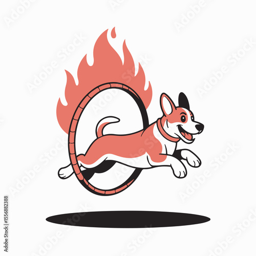 Playful cartoon dog jumping through a flaming hoop performing a circus trick against a white background