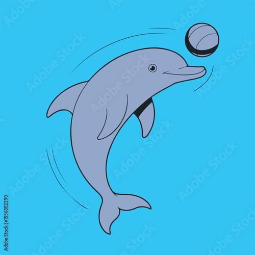 Playful cartoon illustration of a dolphin leaping and tossing a ball in a bright blue ocean setting