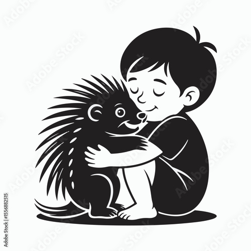 A loving embrace a cute little boy tenderly hugs a friendly hedgehog showing warmth friendship and companionship