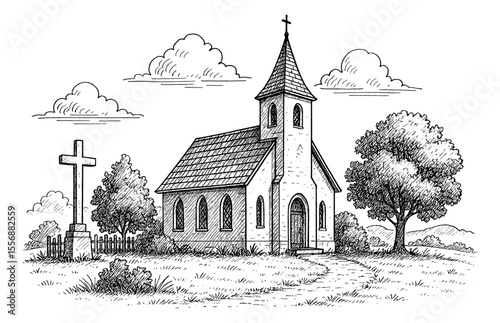 Detailed Pen and Ink Drawing of a Quaint Church with Surrounding Nature and Cross