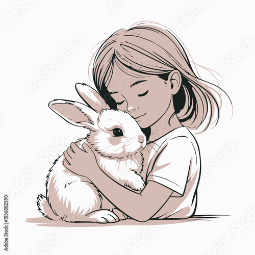 Adorable illustration of a young girl lovingly embracing a fluffy white rabbit with eyes closed in tranquil bliss