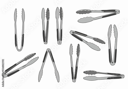 Vector illustration set of kitchen tongs in various angles and positions, isolated on a white background, depicting essential cooking and serving tools.