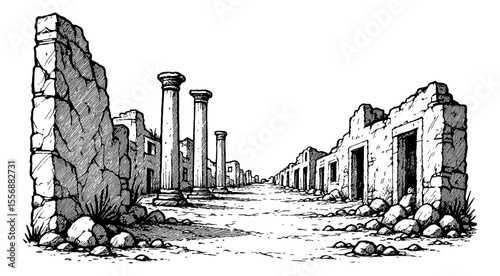 Ancient ruins street with pillars and broken walls drawing in black and white art