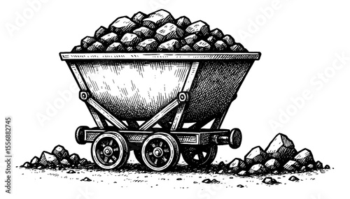 Hand Drawn Illustration of Coal Cart with Coal Chunks in Black and White Engraving Style