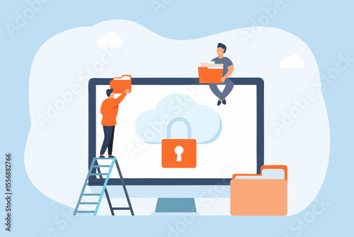 People organizing data folders and securing cloud storage with a padlock icon