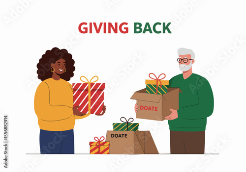 Man and woman giving back by donating gifts in boxes, with text 'Giving Back'