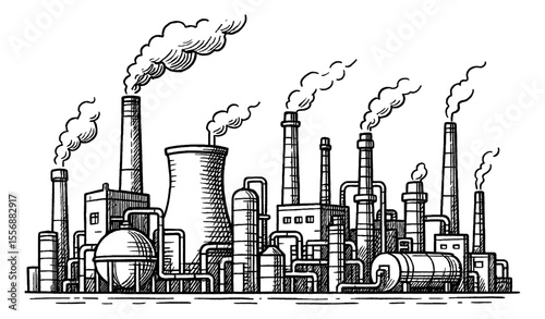 Detailed Hand Drawn Illustration of Industrial Factory with Chimneys and Smoke