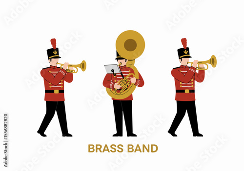 Illustration of Brass Band Musicians in Uniform Playing Instruments