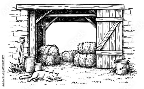 Engraving Illustration of a Cat Sleeping Near Hay Bales Inside Barn with Tools and Supplies