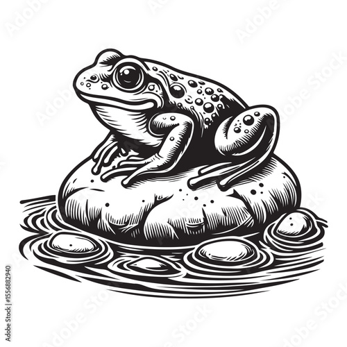 Frog on riverrrock vector illustration