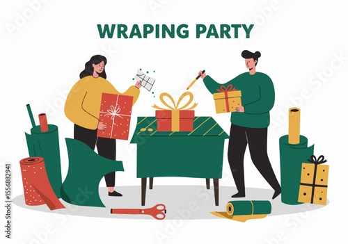 Illustration of a couple or friends enjoying a gift wrapping party, preparing festive presents for holidays or birthdays.