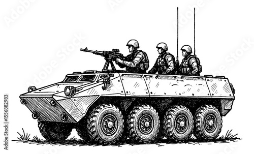 Illustration of Military Vehicle with Soldiers in Detailed Black and White Ink Drawing