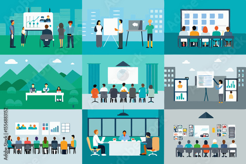 Diverse business meeting scenarios and presentations in modern office settings