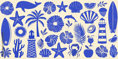 Collection of blue summer beach and ocean icons on a cream background