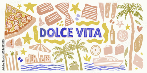 Dolce vita italian lifestyle collage with pizza palm trees and boat