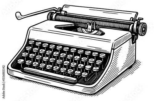 Detailed Black and White Illustration of a Vintage Typewriter Machine