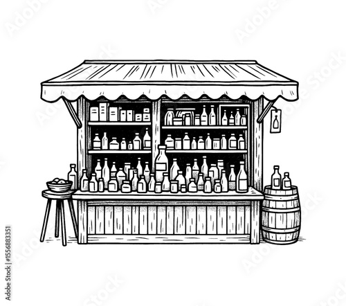 Illustration of a market stall with bottles and barrel in black and white drawing