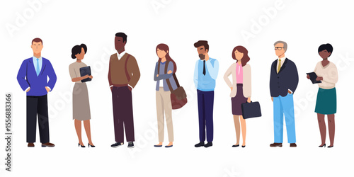Diverse group of business professionals standing in a line on white background