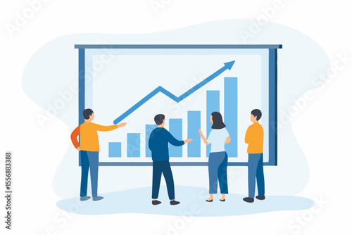 Team of professionals analyzing upward trending bar graph and line chart on screen