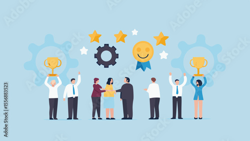 Successful team celebrating achievement with trophies and stars above