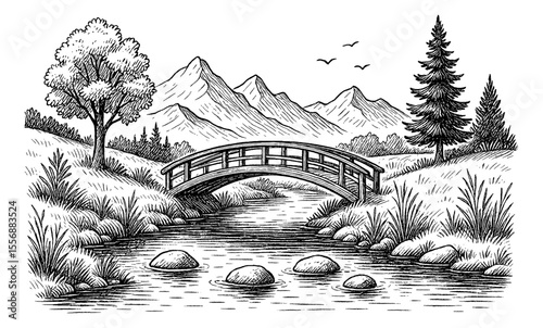 Hand Drawn Landscape with Bridge Over River with Mountain and Tree Illustration