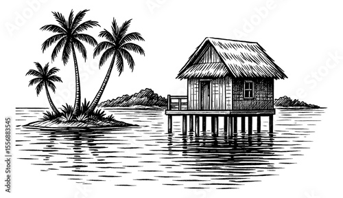 Tropical hut illustration on stilts surrounded by palm trees and water landscape