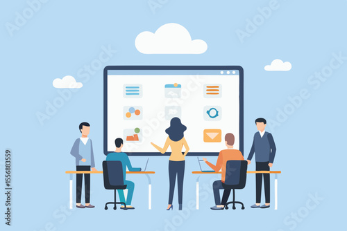 Team collaborating on a digital project presentation in a modern office setting