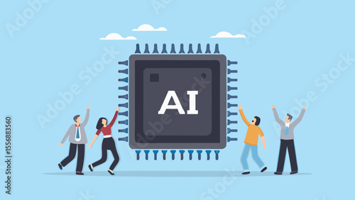 People celebrating around a large ai computer chip symbolizing technological advancement