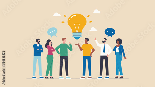 Diverse group of people collaborating to generate a bright new idea